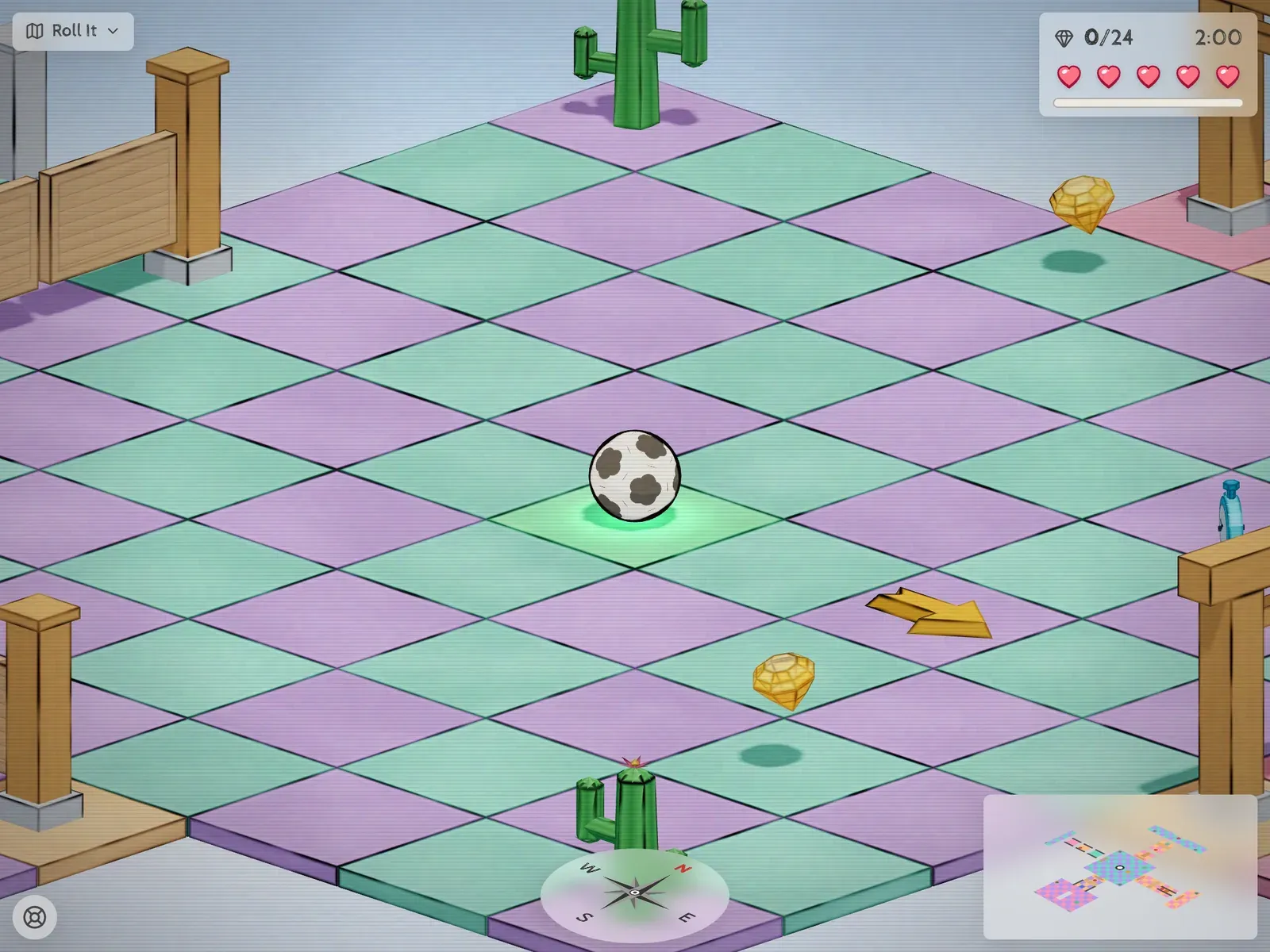 Roll It in play: an isometric checkerboard of mint and lilac tiles, each edged in a dark, slightly uneven ink line, with wooden gate posts, two cacti, two gold gems, a yellow arrow and a white ball with dark spots in the middle, its rim also inked.