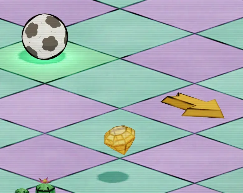 A close-up of the board: the ball's inked rim, tile edges whose weight thickens and thins with small gaps in places, a gold gem with every facet edge inked and a yellow arrow outlined in the same pen.