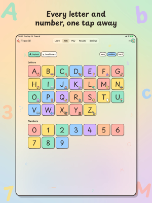 Trace It on iPad, "Every letter and number, one tap away": the ABC tab, a grid of capital letters, each with its picture, and the digits.