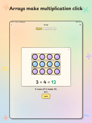 Mathness! on iPad, "Arrays make multiplication click": an Arrays lesson shows 3 rows of 4 counters making 12.