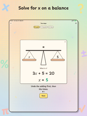 Solve It! on iPad, "Solve for x on a balance": a Two steps lesson balances x against 5 to solve 3x + 5 = 20.