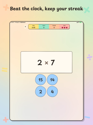 Mathness! on iPad, "Beat the clock, keep your streak": a timed drill with the clock, score, streak and hearts over 2 × 7.