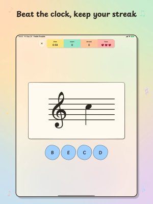 Treble Trouble on iPad, "Beat the clock, keep your streak": a timed game with the clock, score, streak and three hearts over a big treble staff.