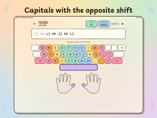 Type It on iPad, "Capitals with the opposite shift": a Left shift lesson types Jj Kk Ll Hh with the guide keyboard and hands.