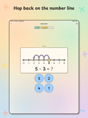 Mathness! on iPad, "Hop back on the number line": a Count back practice question, 5 − 3, with hops on a number line and four answer choices.