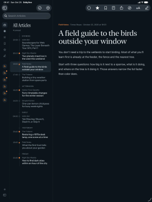 Eddyline on iPad in dark mode: the timeline beside the reader showing A field guide to the birds outside your window.