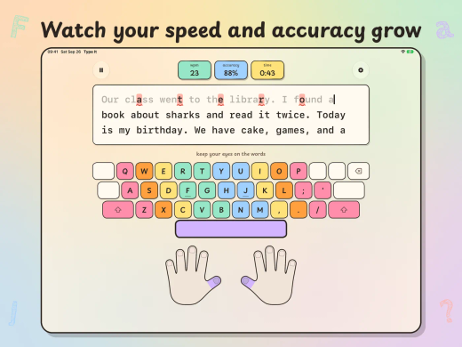 Type It on iPad, "Watch your speed and accuracy grow": a timed drill with live words per minute, accuracy and time over a passage with the mistakes marked.