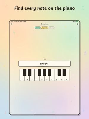 Treble Trouble on iPad, "Find every note on the piano": a Sharp keys lesson asks the child to find D sharp on a piano keyboard.