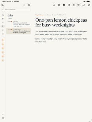 Eddyline on iPad: the Later list beside a recipe open in the reader.