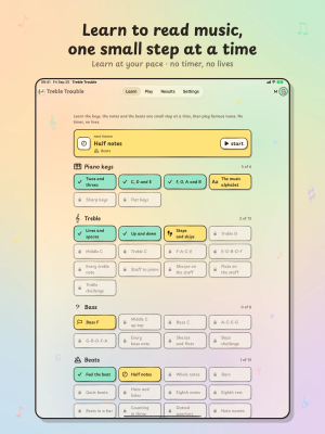 Treble Trouble on iPad, "Learn to read music, one small step at a time": the Lessons tab with the Piano keys, Treble, Bass and Beats paths.