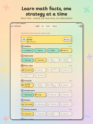 Mathness! on iPad, "Learn math facts, one strategy at a time": the Lessons tab with every track.