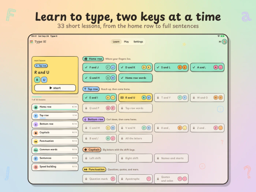 Type It on iPad, "Learn to type, two keys at a time": the Learn tab with the next lesson, R and U, and the Home row, Top row, Bottom row, Capitals and Punctuation lessons.