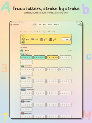 Trace It on iPad, "Trace letters, stroke by stroke": the Learn tab with the picture words sun, bat, gift and yak, and the capital and small letter lessons at each level.