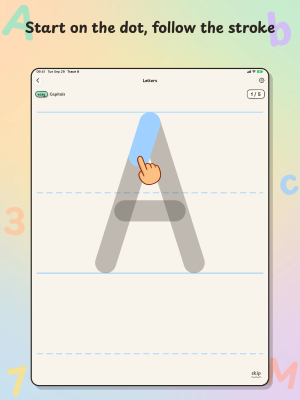 Trace It on iPad, "Start on the dot, follow the stroke": a hand traces the first stroke of a capital A on ruled lines.