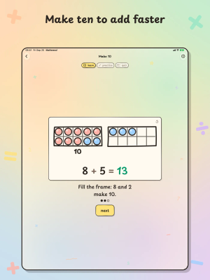 Mathness! on iPad, "Make ten to add faster": a Make 10 lesson fills a ten-frame to show 8 + 5 = 13.