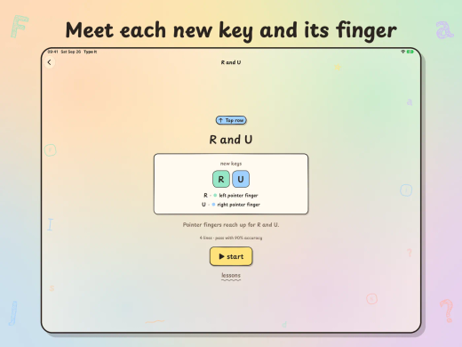 Type It on iPad, "Meet each new key and its finger": a Top row lesson introduces R and U, typed with the left and right pointer fingers.