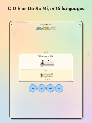 Treble Trouble on iPad, "C D E or Do Re Mi, in 16 languages": a treble lesson with solfège answer choices.