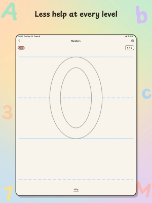 Trace It on iPad, "Less help at every level": a hard Numbers lesson shows only the outline of a 0.
