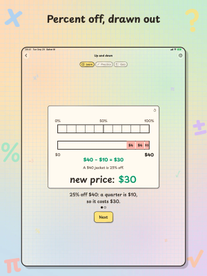 Solve It! on iPad, "Percent off, drawn out": a percent bar takes 25% off a $40 jacket for a new price of $30.