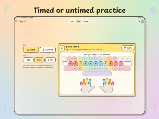 Type It on iPad, "Timed or untimed practice": the Play tab with a one-minute timed drill, the timed and untimed choices and 30 seconds, 1 minute or 2 minutes.
