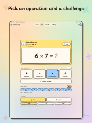 Mathness! on iPad, "Pick an operation and a challenge": the Play tab with the four operations, times tables, and the time and fastest challenges.