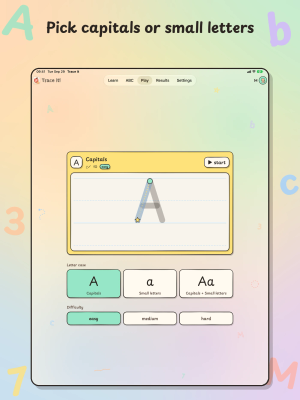 Trace It on iPad, "Pick capitals or small letters": the Play tab with capitals, small letters or both, and easy, medium or hard.