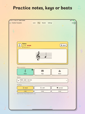Treble Trouble on iPad, "Practice notes, keys or beats": the Play tab with Notes, Keys and Beats, options, and the timed, drill and survival challenges.