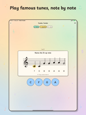 Treble Trouble on iPad, "Play famous tunes, note by note": Twinkle, Twinkle on the treble staff with one note lit up and four letter choices.