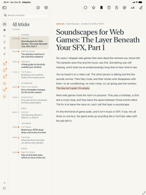 Eddyline on iPad: the timeline beside the reader showing a zubin.dev post with a highlighted sentence.