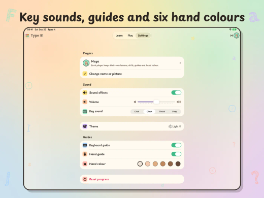 Type It on iPad, "Key sounds, guides and six hand colours": Settings with players, sound effects, key sound, theme, keyboard and hand guides and hand colour.