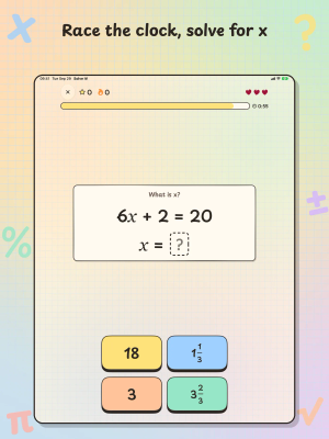 Solve It! on iPad, "Race the clock, solve for x": a timed Solve for x game asks for x in 6x + 2 = 20, with four answer choices and three hearts.