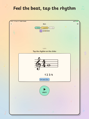 Treble Trouble on iPad, "Feel the beat, tap the rhythm": a Bars lesson asks the child to tap the rhythm on the clicks.