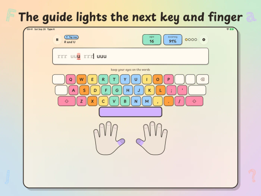 Type It on iPad, "The guide lights the next key and finger": typing a line of r and u with the colour-coded guide keyboard and two hands lighting the pointer fingers.