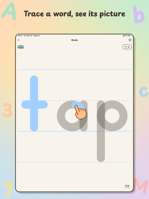 Trace It on iPad, "Trace a word, see its picture": a hand traces the word tap, its t already filled in.