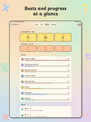 Solve It! on iPad, "Bests and progress at a glance": the Results tab with Integer blitz bests, progress through all eight tracks and recent games.