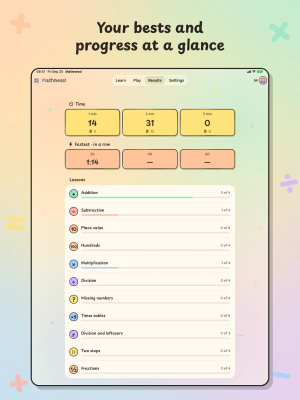 Mathness! on iPad, "Your bests and progress at a glance": the Results tab with bests for each challenge and progress through each lesson track.