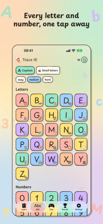 Trace It on iPhone, "Every letter and number, one tap away": the ABC tab, a grid of capital letters, each with its picture, and the digits.