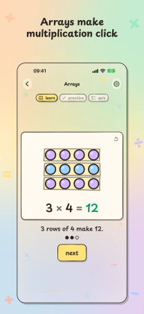 Mathness! on iPhone, "Arrays make multiplication click": an Arrays lesson shows 3 rows of 4 counters making 12.