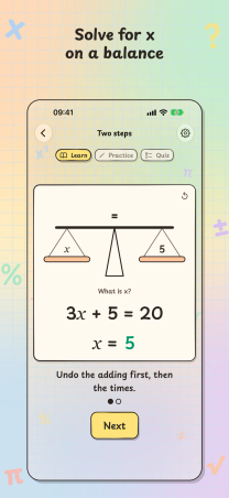 Solve It! on iPhone, "Solve for x on a balance": a Two steps lesson balances x against 5 to solve 3x + 5 = 20.
