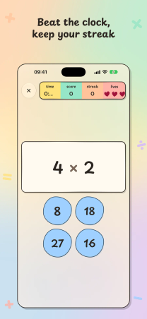 Mathness! on iPhone, "Beat the clock, keep your streak": a timed drill with the clock, score, streak and three hearts over 4 × 2.