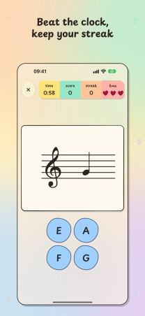Treble Trouble on iPhone, "Beat the clock, keep your streak": a timed game with the clock, score, streak and three hearts over a note on the treble staff.
