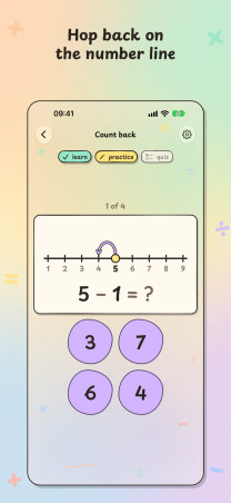 Mathness! on iPhone, "Hop back on the number line": a Count back practice question, 5 − 1, with a hop on a number line and four answer choices.
