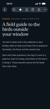 Eddyline on iPhone in dark mode: the reader showing A field guide to the birds outside your window.
