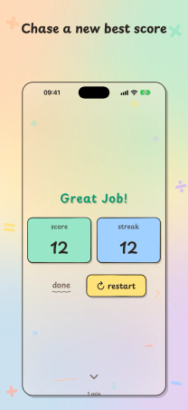 Mathness! on iPhone, "Chase a new best score": the end of a drill with Great Job!, the score and the streak, and a restart button.