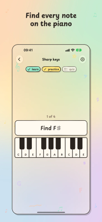 Treble Trouble on iPhone, "Find every note on the piano": a Sharp keys lesson asks the child to find F sharp on a piano keyboard.