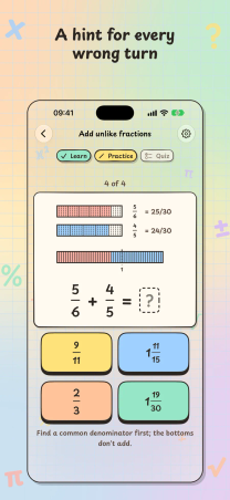 Solve It! on iPhone, "A hint for every wrong turn": fraction bars redrawn in thirtieths for 5/6 + 4/5, with the hint that the bottoms don't add.