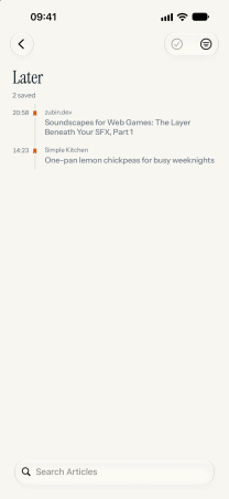 Eddyline on iPhone: the Later list with two saved articles.