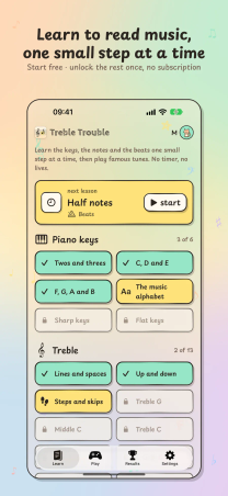 Treble Trouble on iPhone, "Learn to read music, one small step at a time": the Lessons tab with the Half notes lesson up next and the Piano keys and Treble paths.