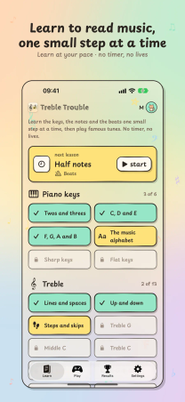 Treble Trouble on iPhone, "Learn to read music, one small step at a time": the Lessons tab with the Half notes lesson up next and the Piano keys and Treble paths.