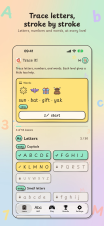 Trace It on iPhone, "Trace letters, stroke by stroke": the Learn tab with the picture words sun, bat, gift and yak, and the capital letter lessons.